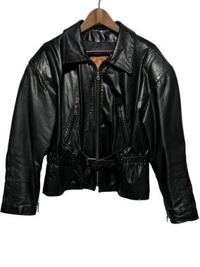 Vintage Black Leather Belted Jacket Cropped Moto Bomber Canada Made